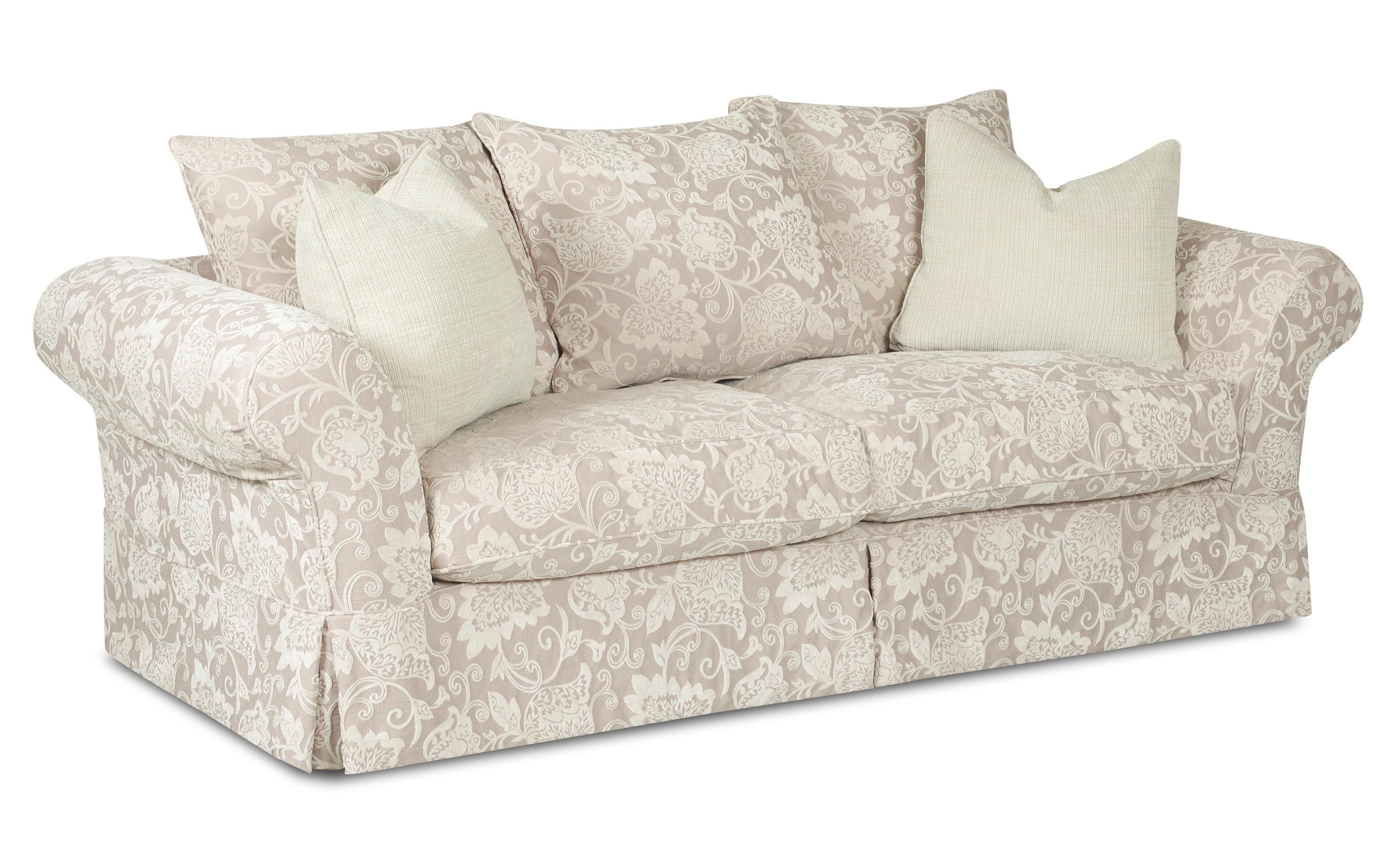 Klaussner Charleston Sofa with Scatterback Pillows and Rolled Arms